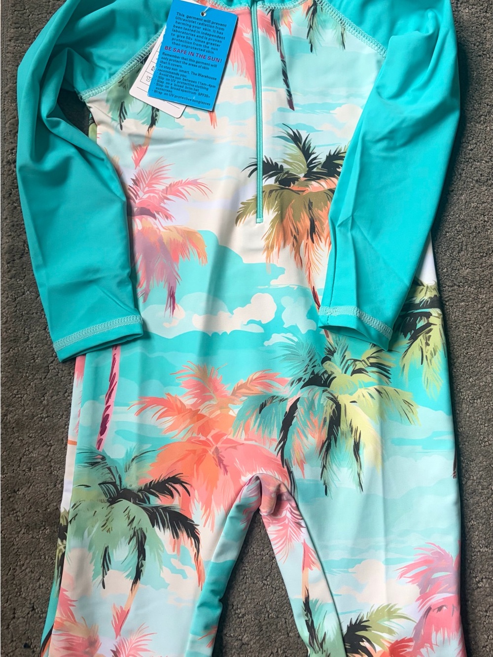Kids Teal Palm-Print Long-Sleeve Swimsuit